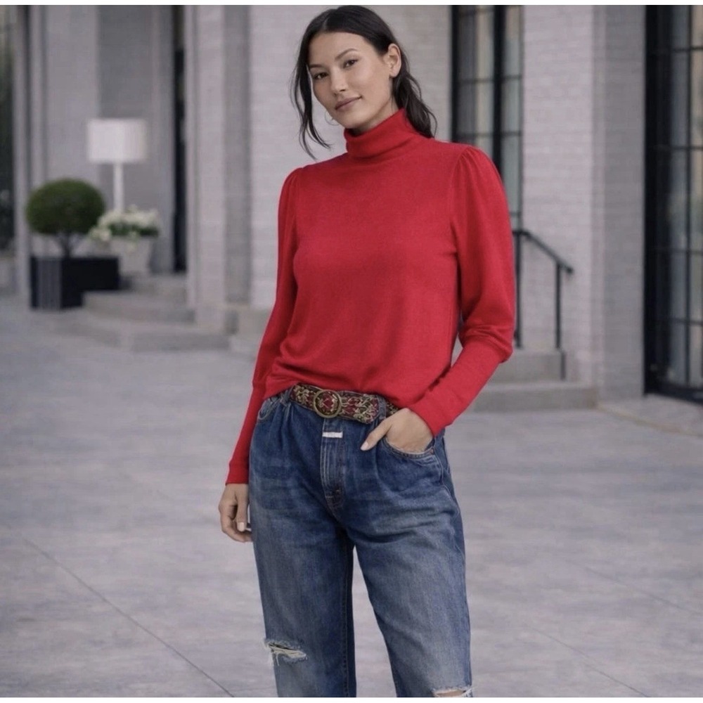 Anthropologie Turtleneck Puff Sleeve Stretchy Top Thin Sweater New w/ Tags Large